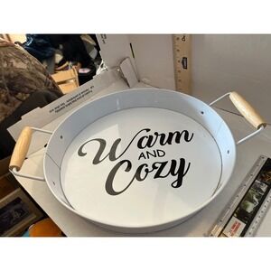 Warm and Cozy White Metal Round Serving Tray with Wood Handles 12 Inch